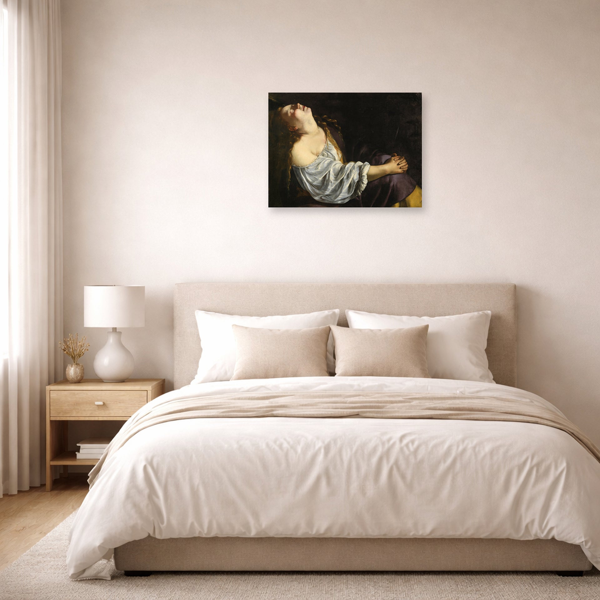 Unframed poster print of Artemisia Gentileschi's Mary Magdalene In Ecstasy displayed on a wall in a bedroom