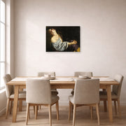 Unframed poster print of Artemisia Gentileschi's Mary Magdalene In Ecstasy displayed on a wall in a dining room