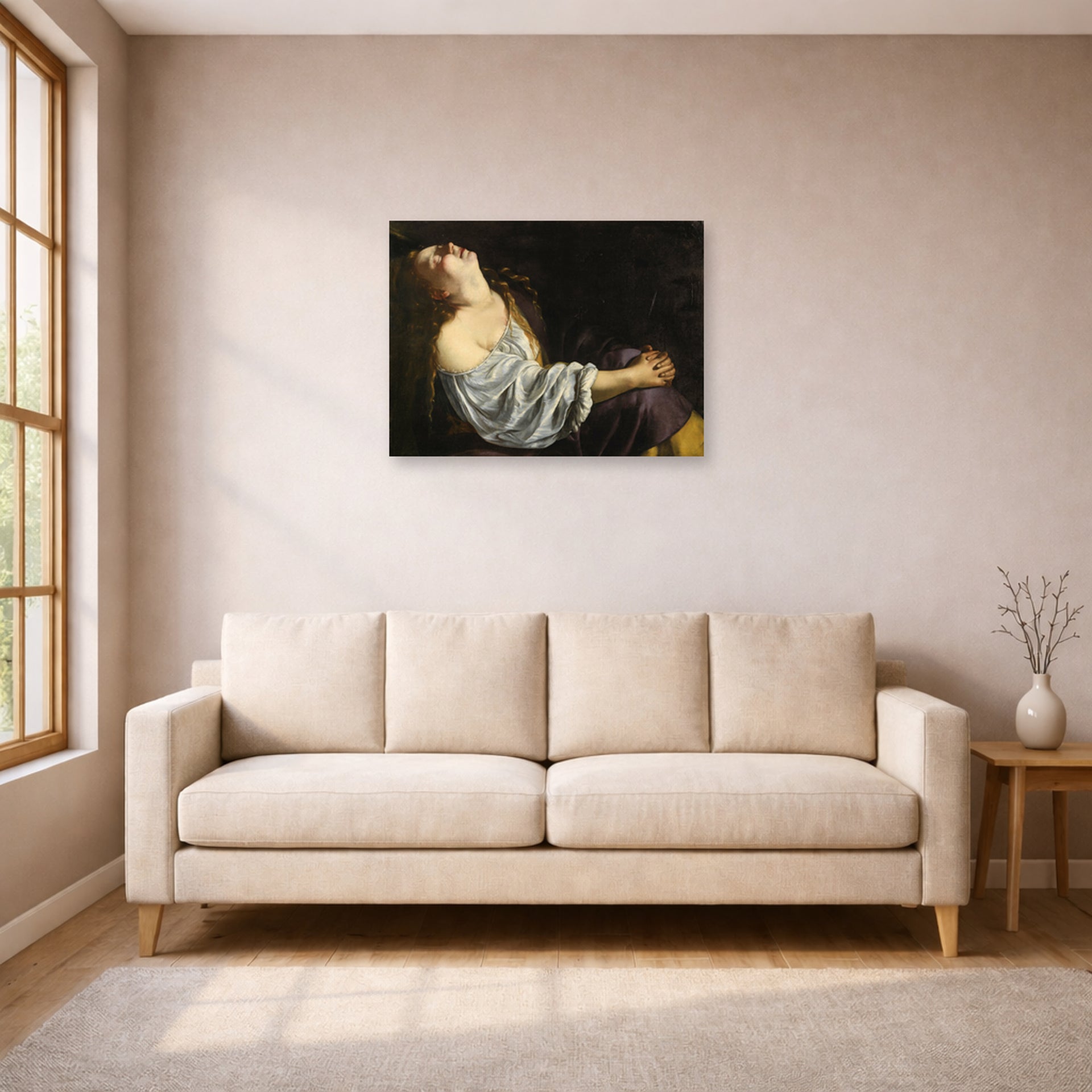 Unframed poster print of Artemisia Gentileschi's Mary Magdalene In Ecstasy displayed on a wall in a living room