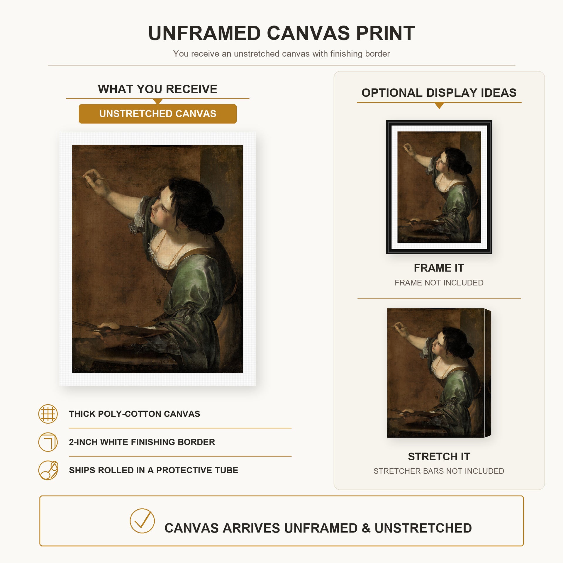 Artemisia Gentileschi - Self Portrait as the Allegory of Painting canvas print size comparison and framing display infographic