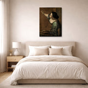 Gallery-wrapped canvas print of Artemisia Gentileschi's Self Portrait as the Allegory of Painting displayed on a wall in a bedroom