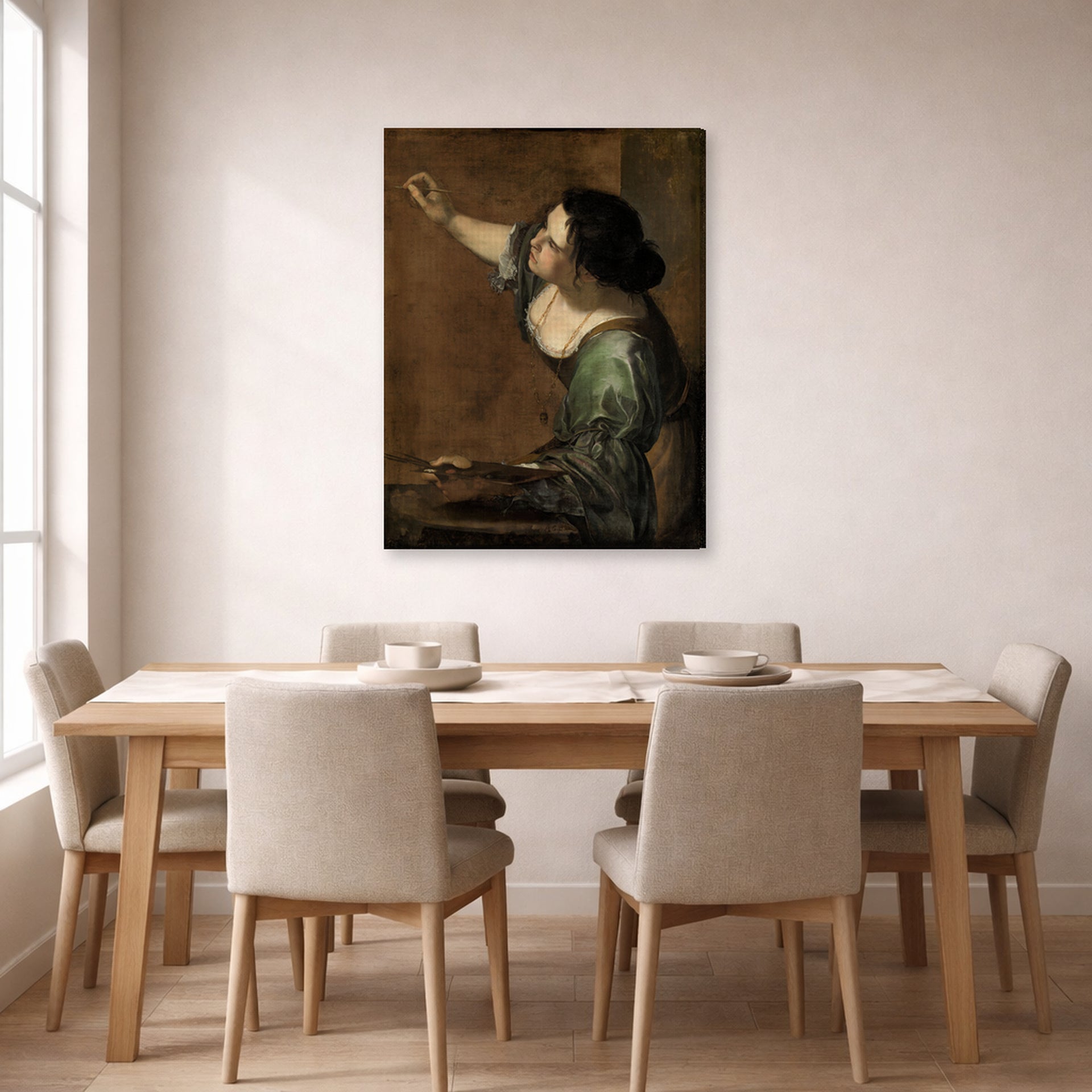 Gallery-wrapped canvas print of Artemisia Gentileschi's Self Portrait as the Allegory of Painting displayed on a wall in a dining room