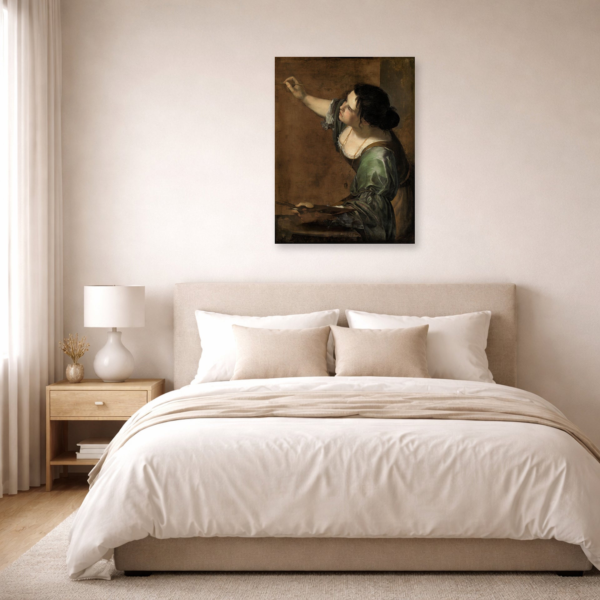 Unframed poster print of Artemisia Gentileschi's Self Portrait as the Allegory of Painting displayed on a wall in a bedroom