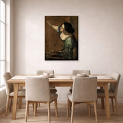 Unframed poster print of Artemisia Gentileschi's Self Portrait as the Allegory of Painting displayed on a wall in a dining room