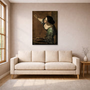 Unframed poster print of Artemisia Gentileschi's Self Portrait as the Allegory of Painting displayed on a wall in a living room