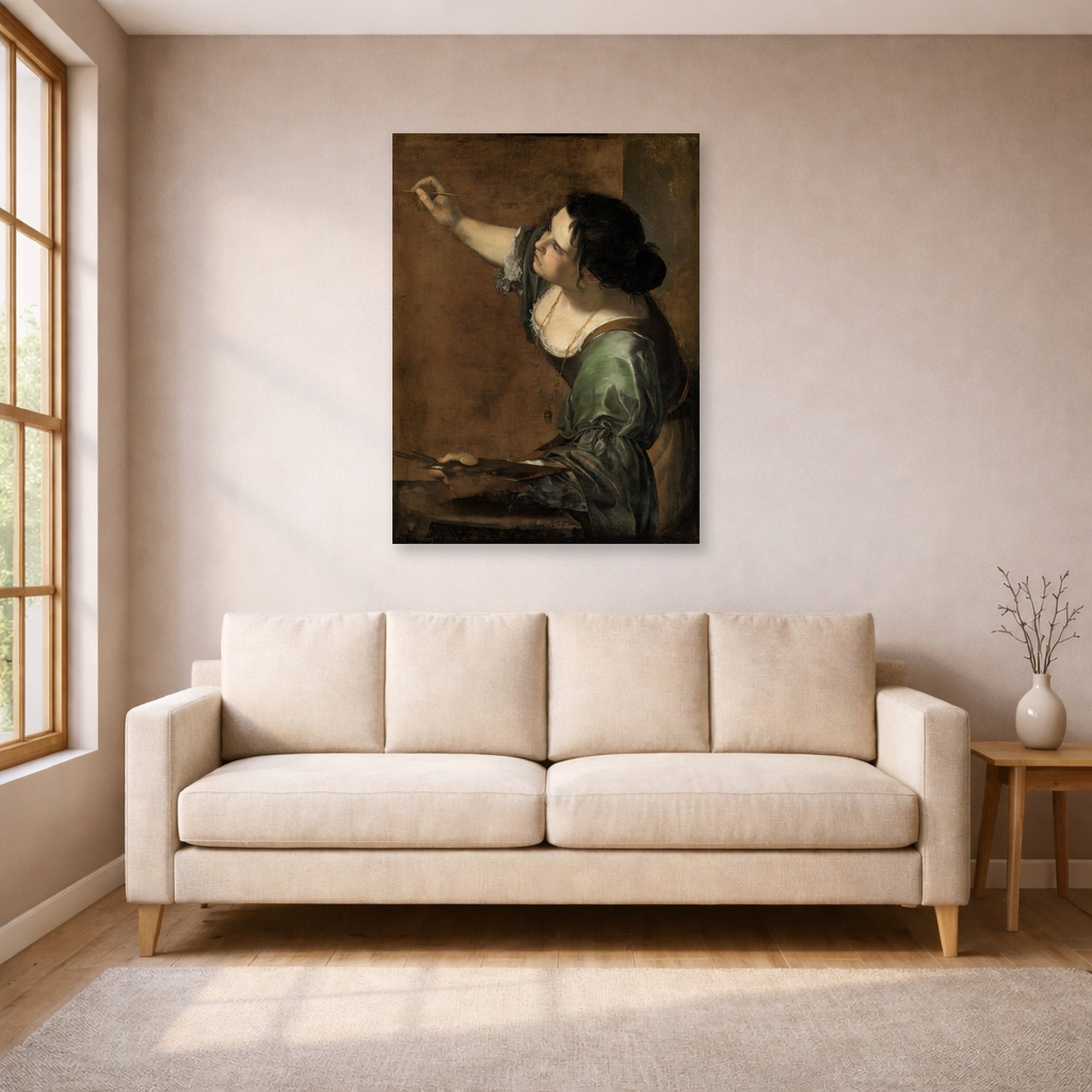 Unframed poster print of Artemisia Gentileschi's Self Portrait as the Allegory of Painting displayed on a wall in a living room