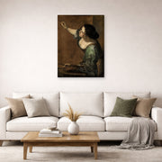 Unframed poster print of Artemisia Gentileschi's Self Portrait as the Allegory of Painting displayed on a wall in a living room