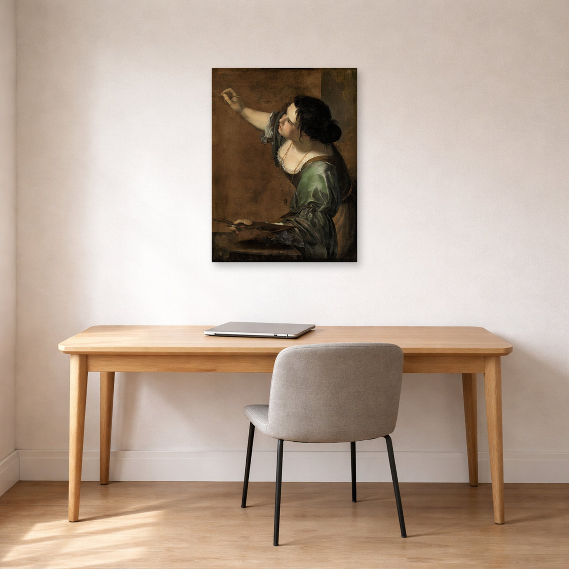 Unframed poster print of Artemisia Gentileschi's Self Portrait as the Allegory of Painting displayed on a wall in a home office