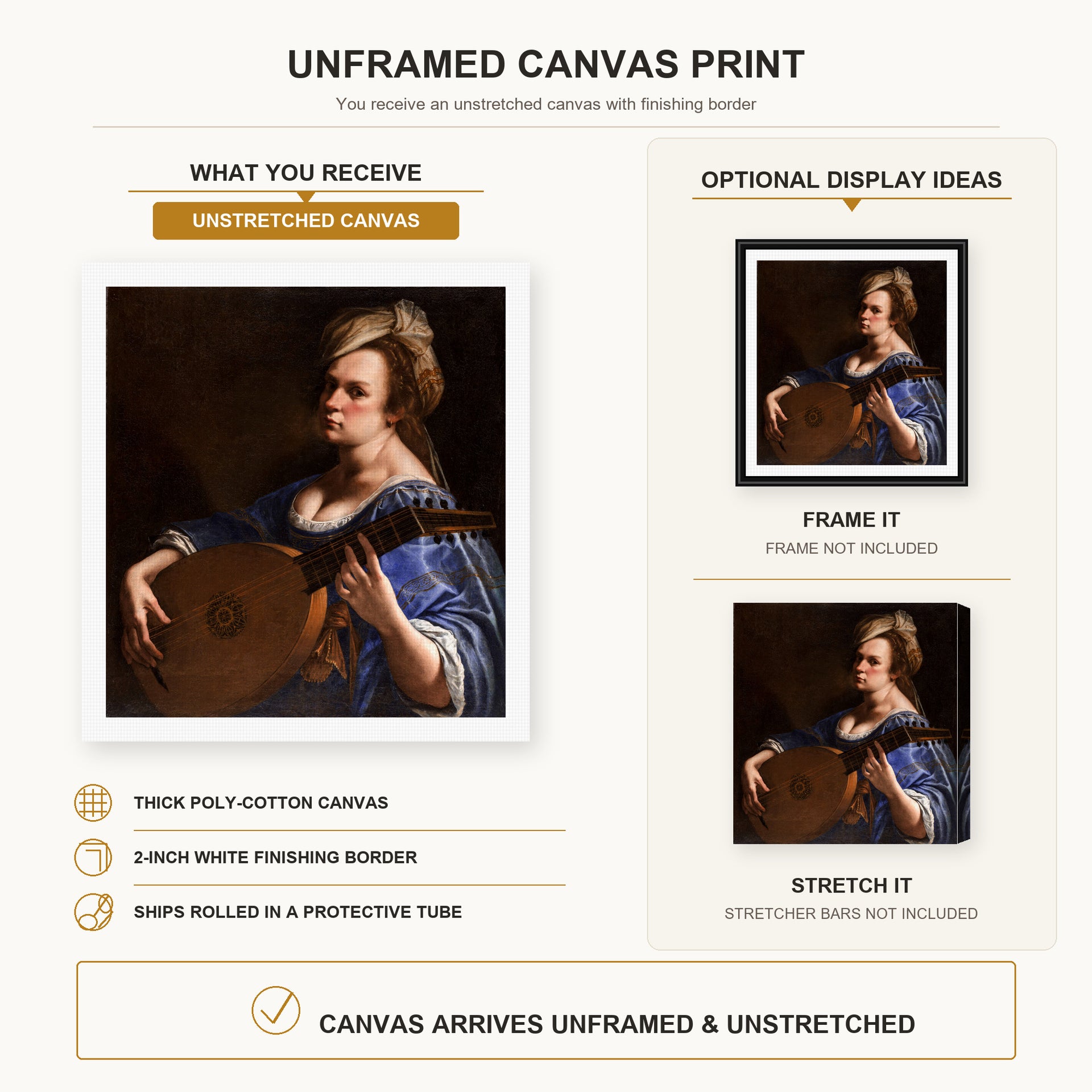Artemisia Gentileschi - Self Portrait as a Lute Player canvas print size comparison and framing display infographic