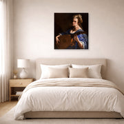 Gallery-wrapped canvas print of Artemisia Gentileschi's Self Portrait as a Lute Player displayed on a wall in a bedroom