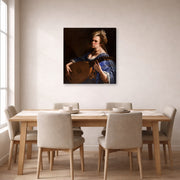 Gallery-wrapped canvas print of Artemisia Gentileschi's Self Portrait as a Lute Player displayed on a wall in a dining room