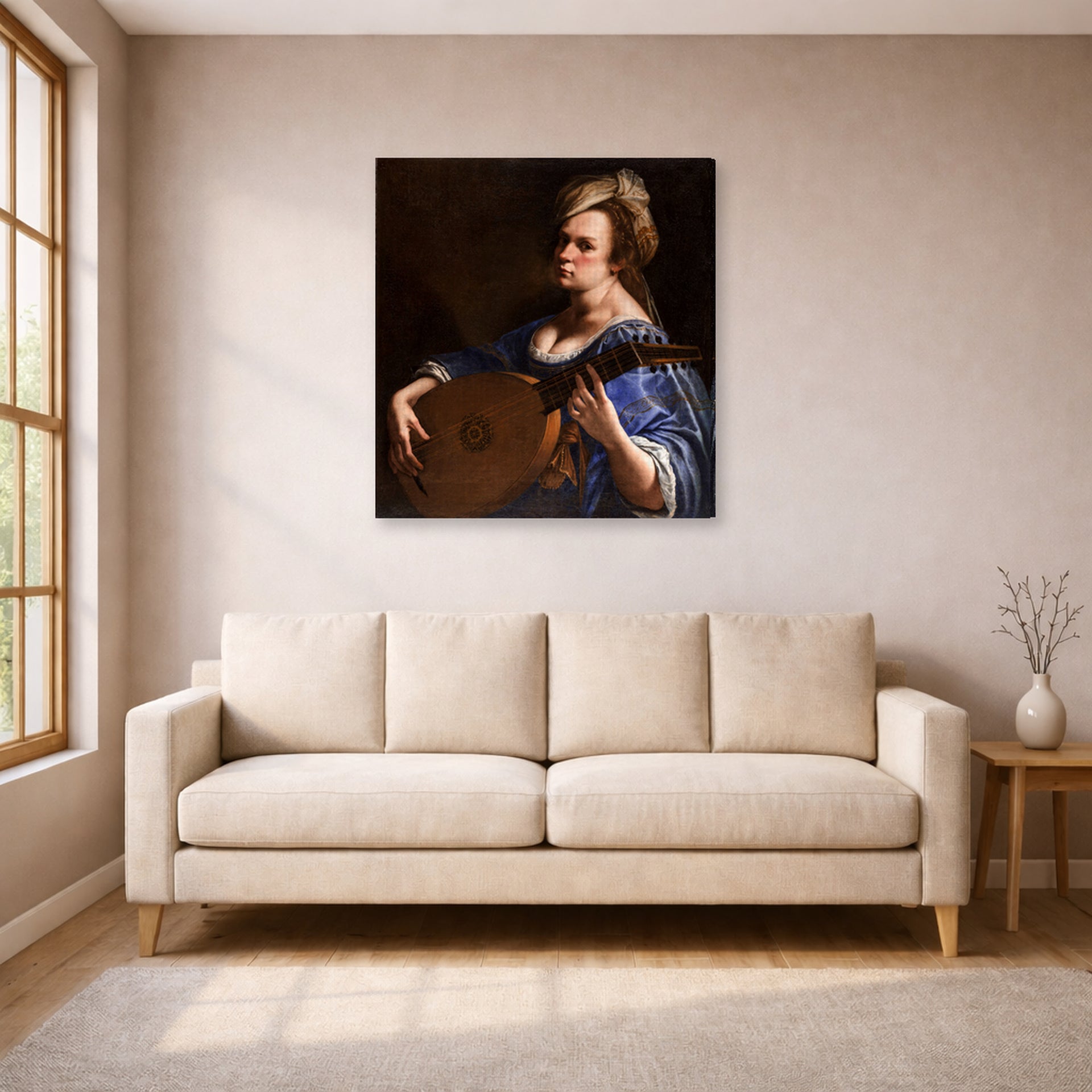 Gallery-wrapped canvas print of Artemisia Gentileschi's Self Portrait as a Lute Player displayed on a wall in a living room