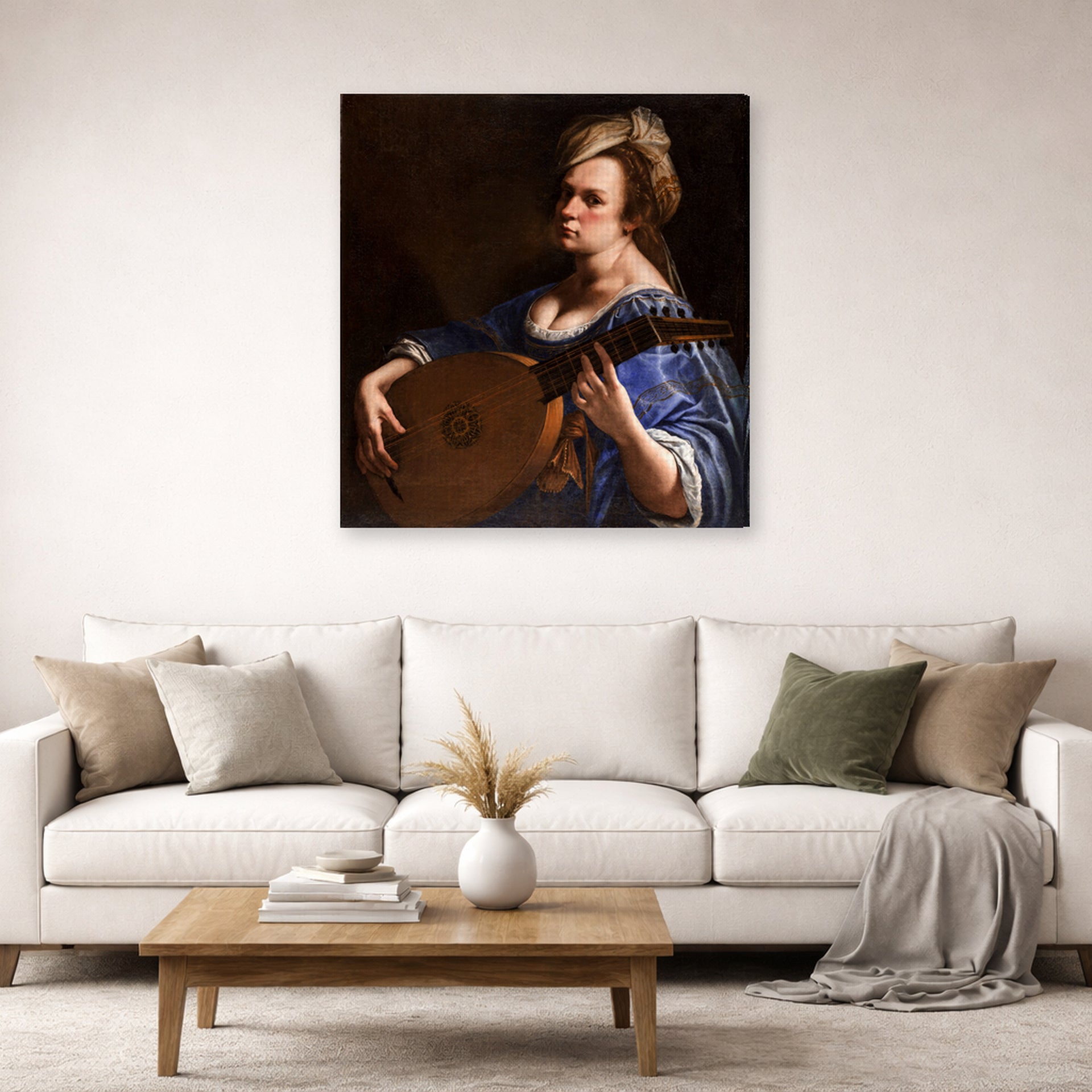 Gallery-wrapped canvas print of Artemisia Gentileschi's Self Portrait as a Lute Player displayed on a wall in a living room