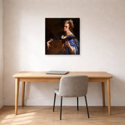 Gallery-wrapped canvas print of Artemisia Gentileschi's Self Portrait as a Lute Player displayed on a wall in a home office