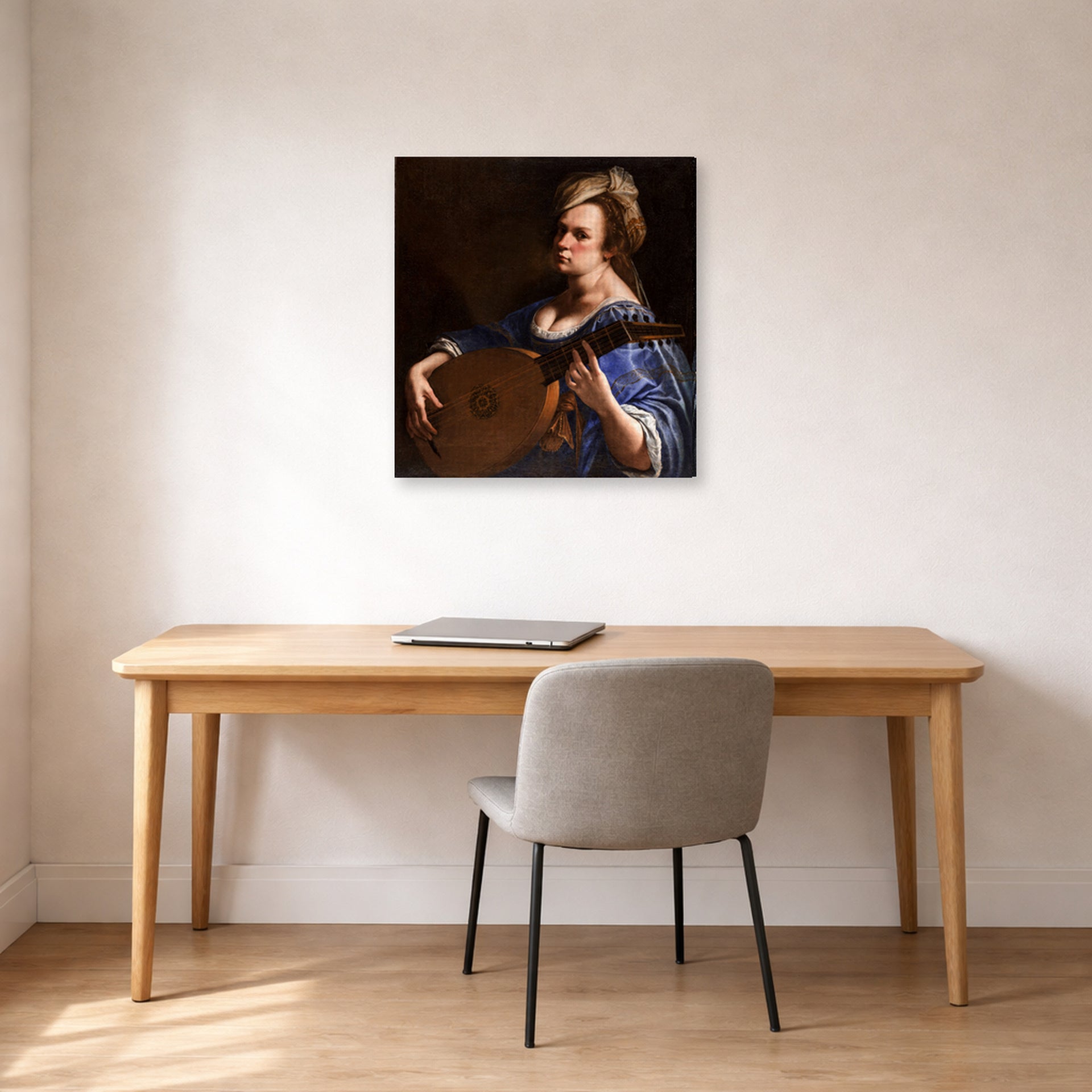 Gallery-wrapped canvas print of Artemisia Gentileschi's Self Portrait as a Lute Player displayed on a wall in a home office