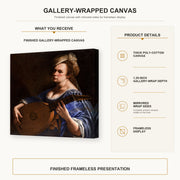 Artemisia Gentileschi - Self Portrait as a Lute Player gallery wrap canvas construction and hanging details infographic