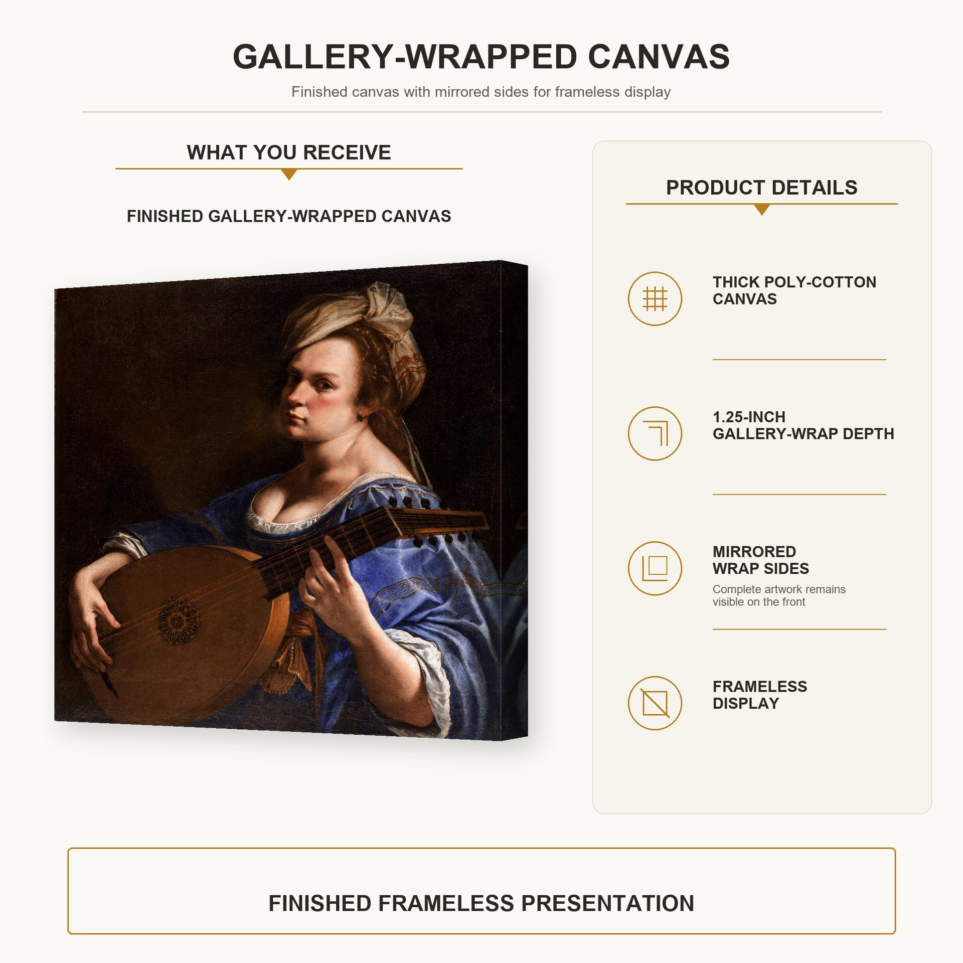 Artemisia Gentileschi - Self Portrait as a Lute Player gallery wrap canvas construction and hanging details infographic