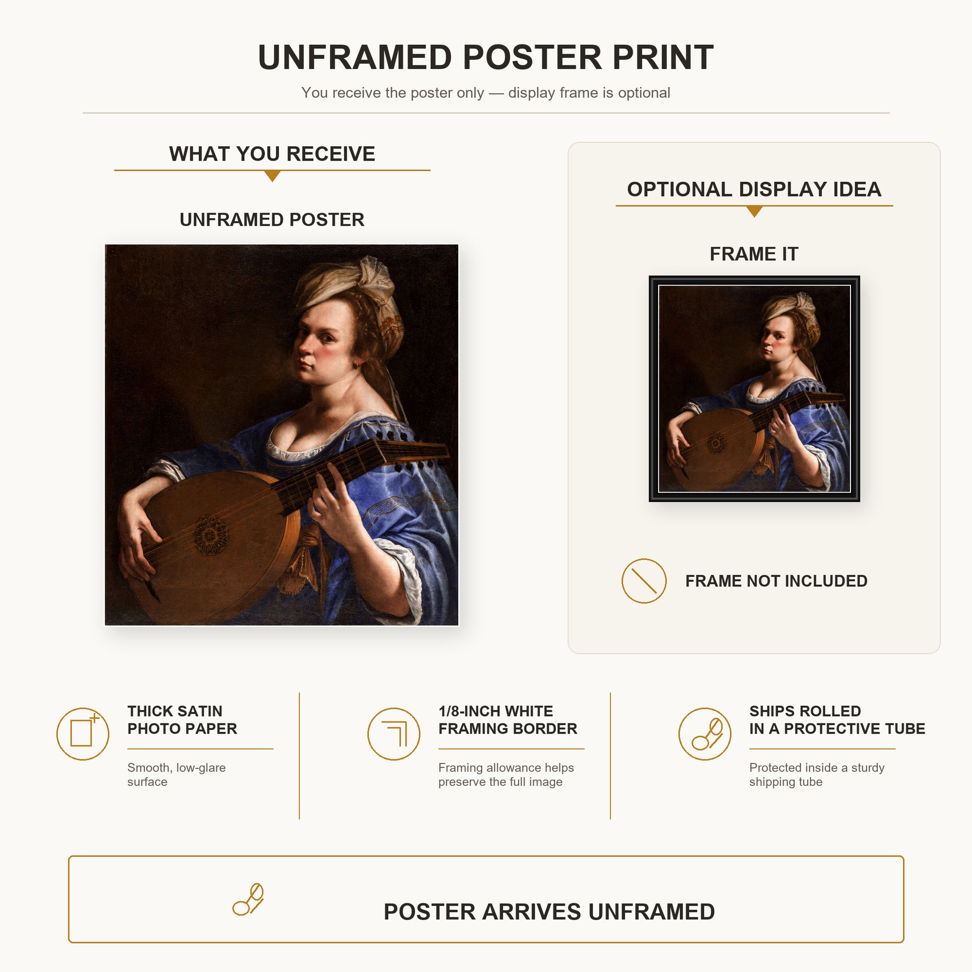 Artemisia Gentileschi - Self Portrait as a Lute Player poster print size comparison and framing display infographic