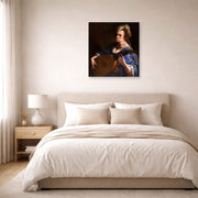 Unframed poster print of Artemisia Gentileschi's Self Portrait as a Lute Player displayed on a wall in a bedroom