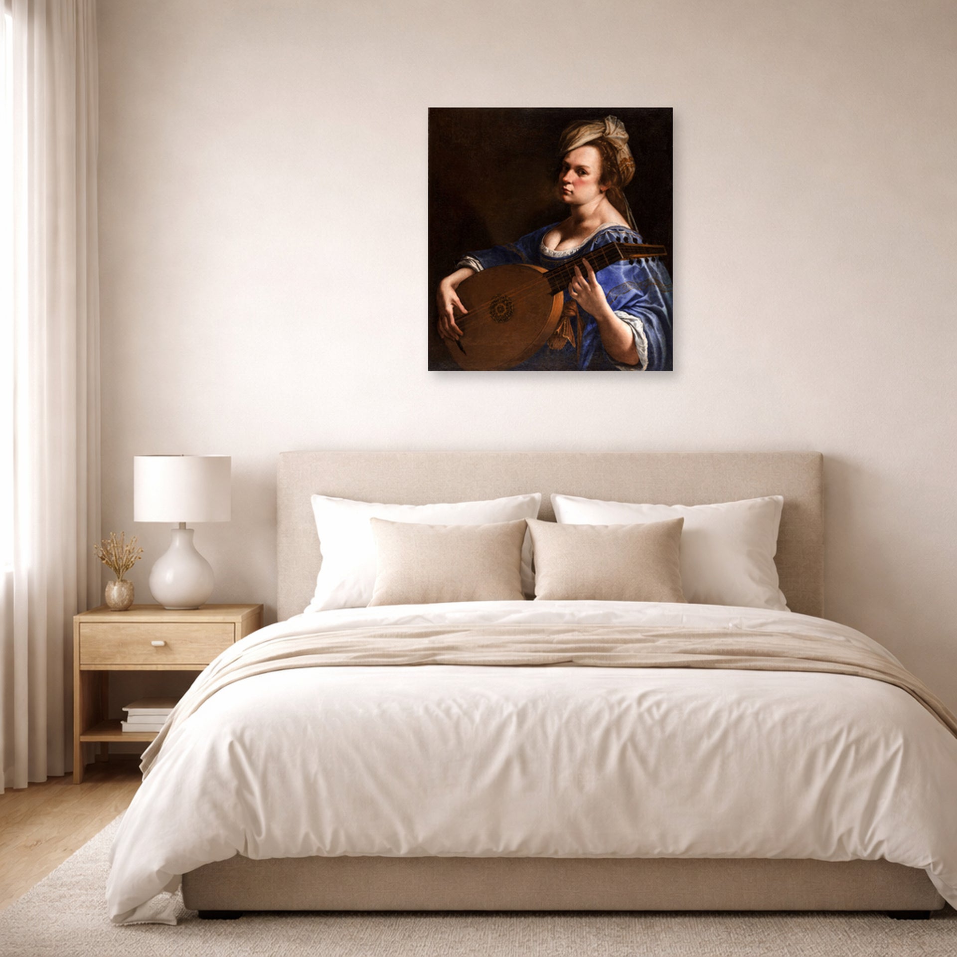Unframed poster print of Artemisia Gentileschi's Self Portrait as a Lute Player displayed on a wall in a bedroom