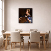 Unframed poster print of Artemisia Gentileschi's Self Portrait as a Lute Player displayed on a wall in a dining room