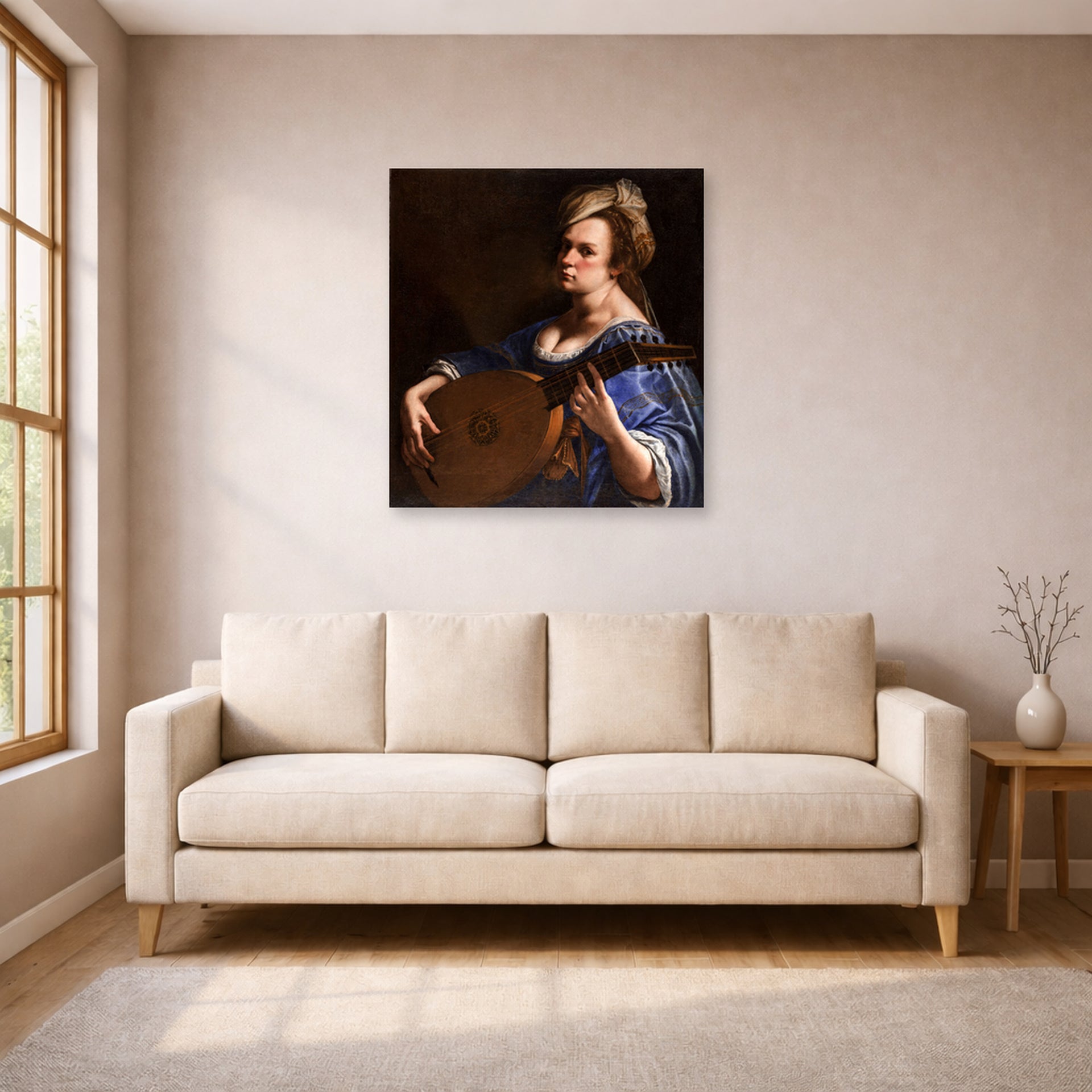Unframed poster print of Artemisia Gentileschi's Self Portrait as a Lute Player displayed on a wall in a living room