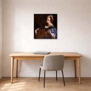 Unframed poster print of Artemisia Gentileschi's Self Portrait as a Lute Player displayed on a wall in a home office