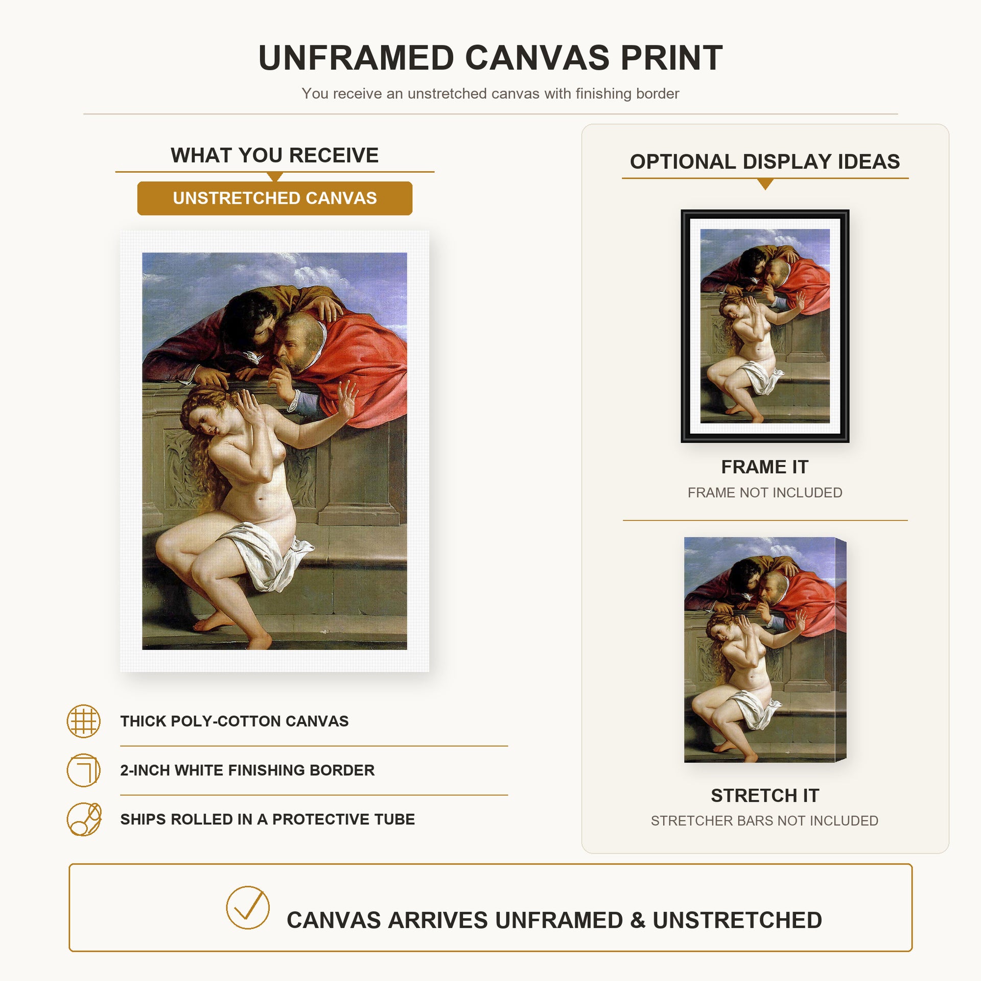 Artemisia Gentileschi - Susanna and the Elders canvas print size comparison and framing display infographic