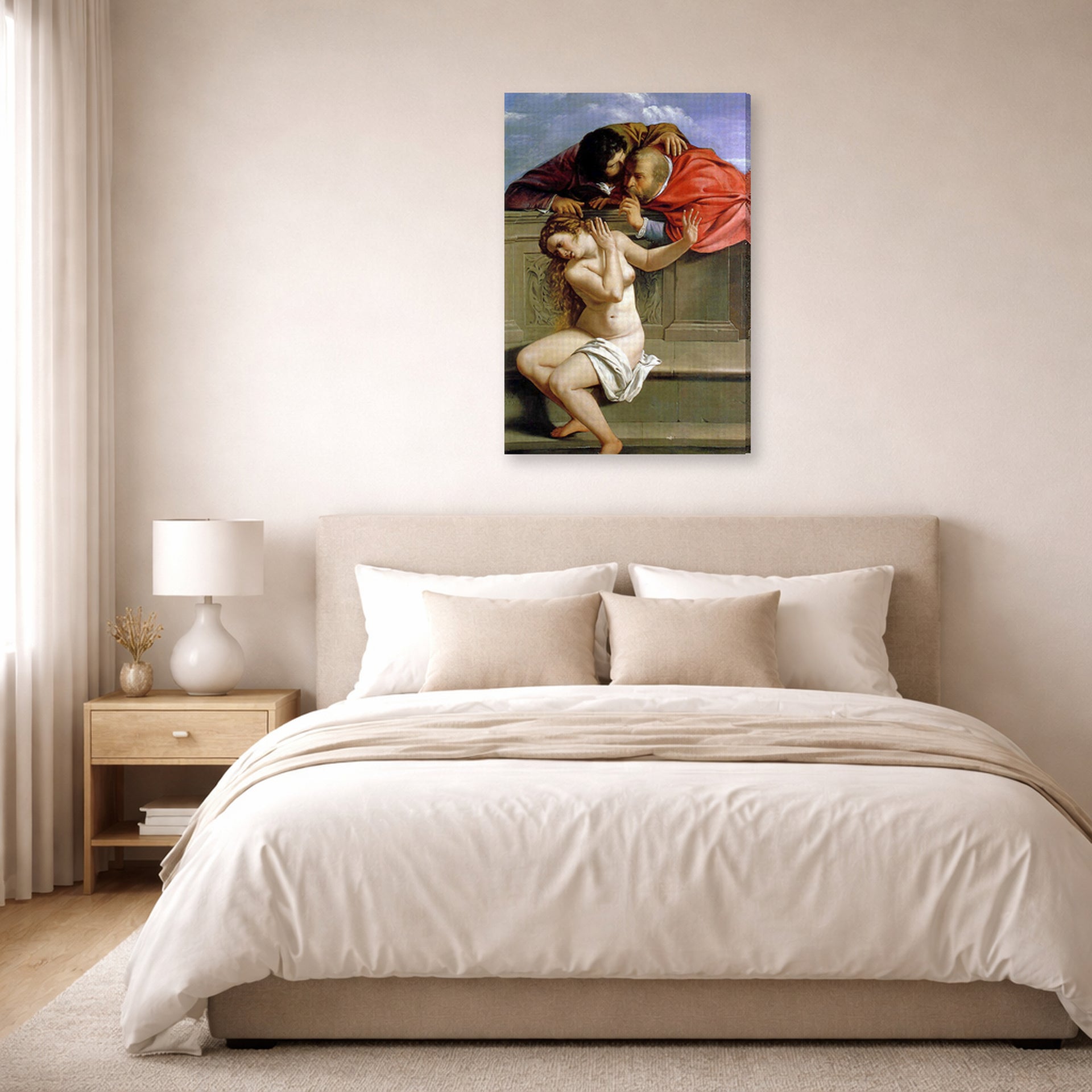 Gallery-wrapped canvas print of Artemisia Gentileschi's Susanna and the Elders displayed on a wall in a bedroom