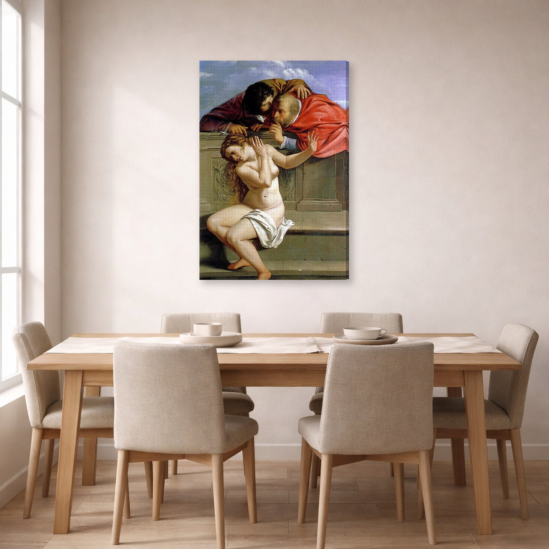 Gallery-wrapped canvas print of Artemisia Gentileschi's Susanna and the Elders displayed on a wall in a dining room