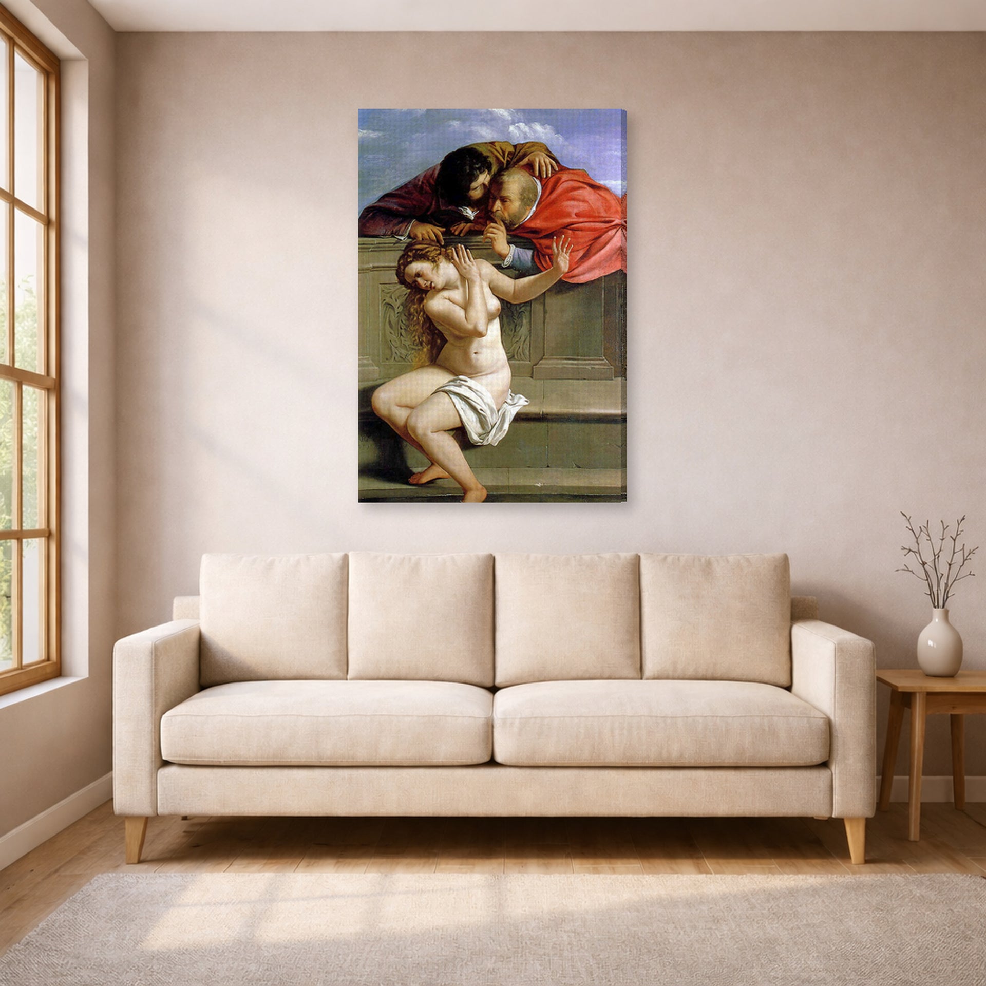 Gallery-wrapped canvas print of Artemisia Gentileschi's Susanna and the Elders displayed on a wall in a living room