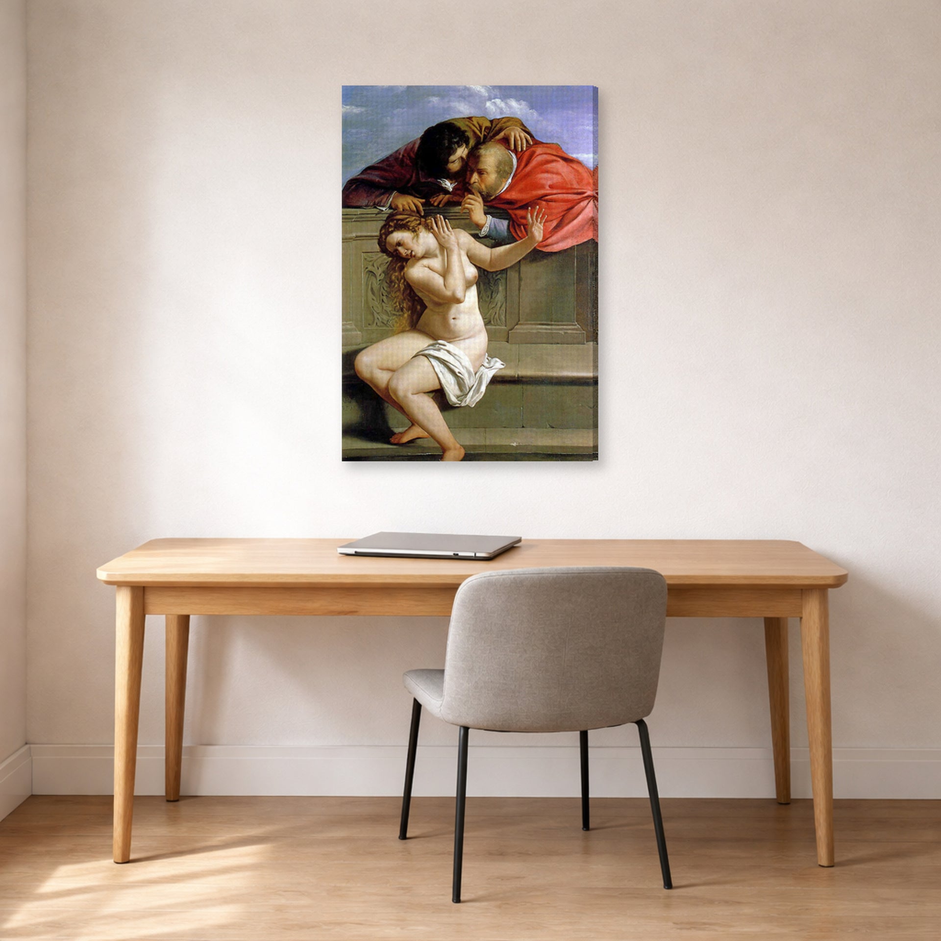 Gallery-wrapped canvas print of Artemisia Gentileschi's Susanna and the Elders displayed on a wall in a home office