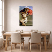Unframed poster print of Artemisia Gentileschi's Susanna and the Elders displayed on a wall in a dining room
