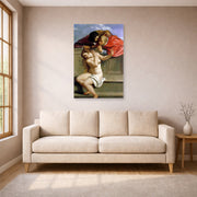 Unframed poster print of Artemisia Gentileschi's Susanna and the Elders displayed on a wall in a living room