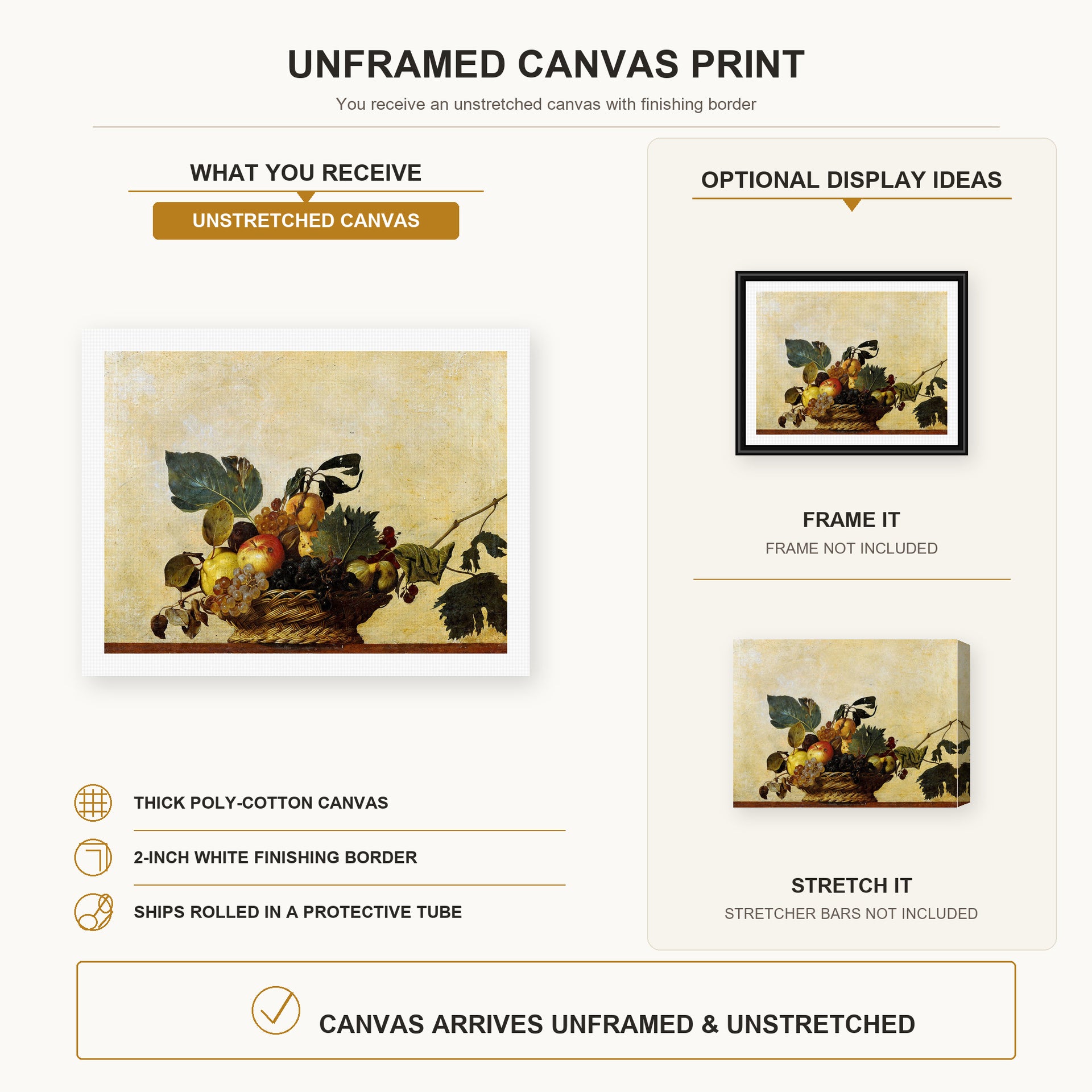 Caravaggio - Basket of Fruit canvas print size comparison and framing display infographic