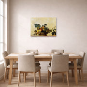 Gallery-wrapped canvas print of Caravaggio's 'Basket of Fruit' displayed on a wall in a dining room