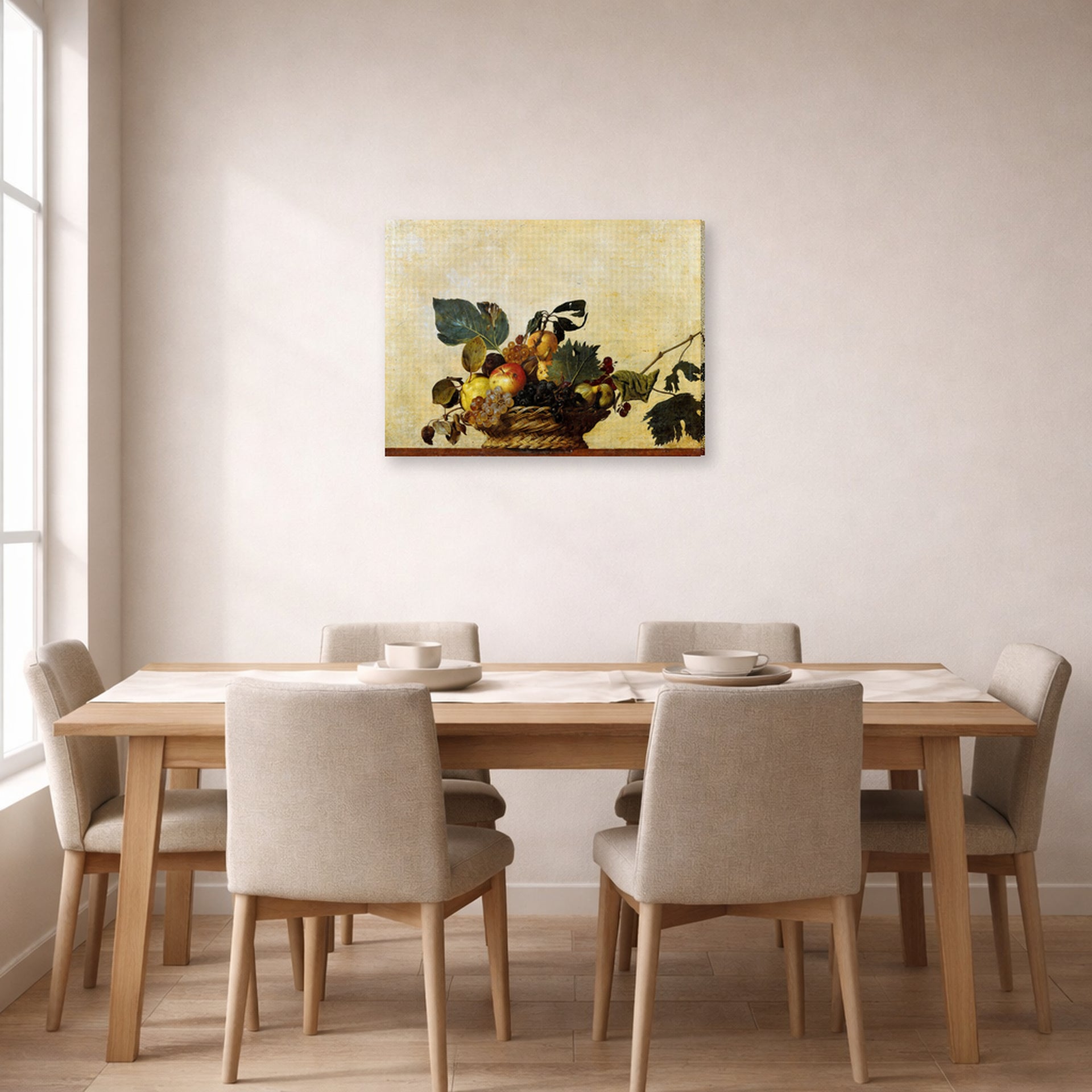 Gallery-wrapped canvas print of Caravaggio's 'Basket of Fruit' displayed on a wall in a dining room