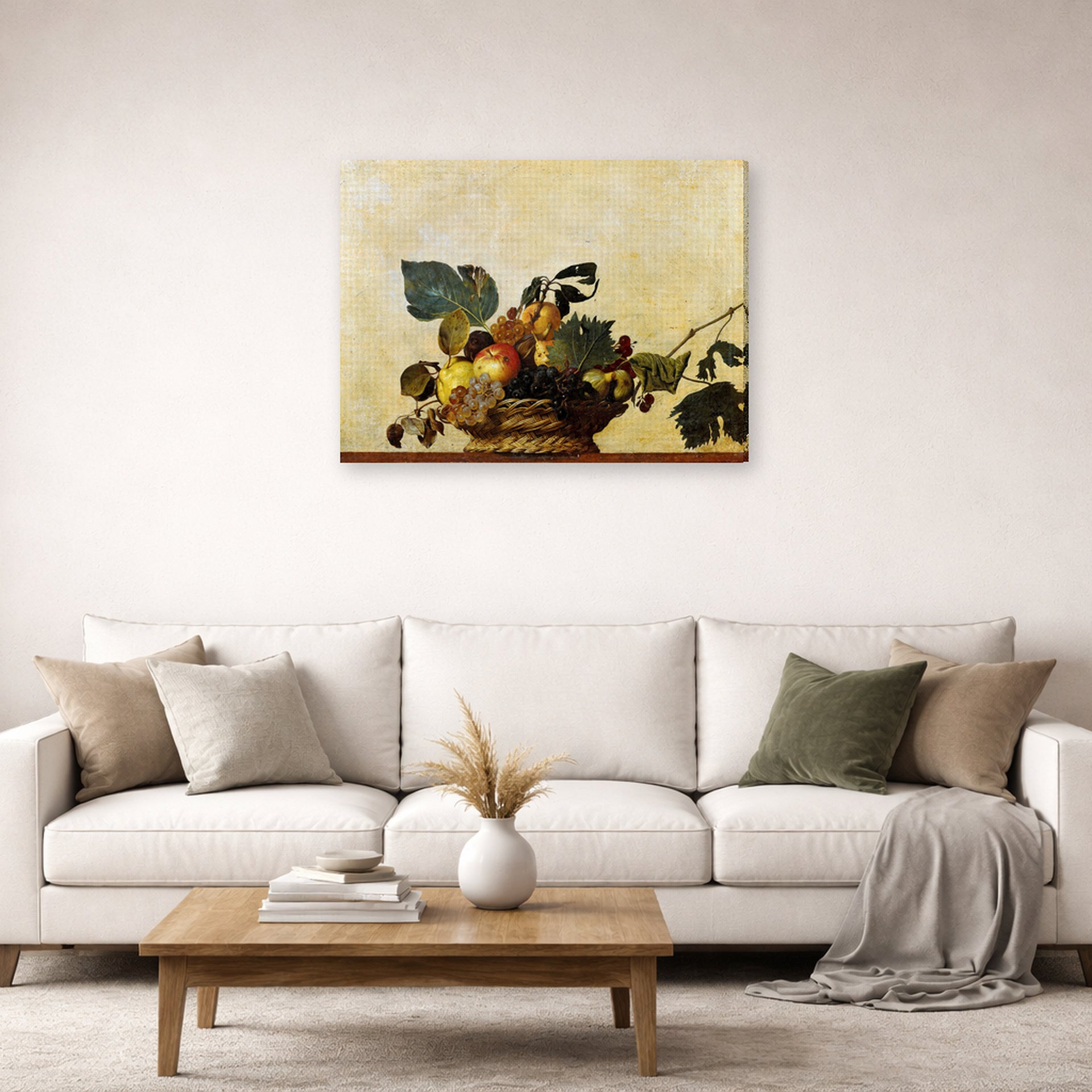 Gallery-wrapped canvas print of Caravaggio's 'Basket of Fruit' displayed on a wall in a living room
