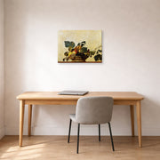 Gallery-wrapped canvas print of Caravaggio's 'Basket of Fruit' displayed on a wall in an office