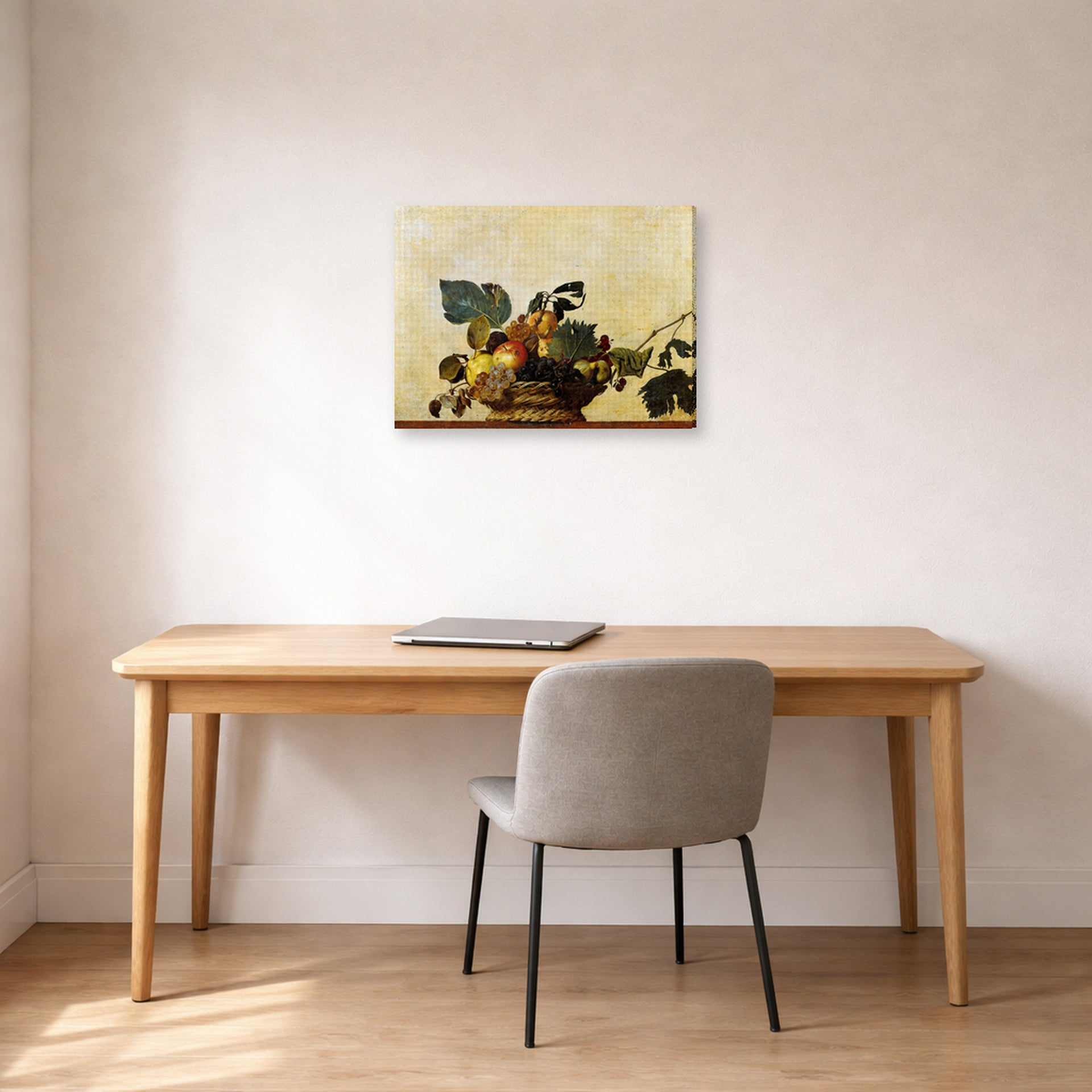 Gallery-wrapped canvas print of Caravaggio's 'Basket of Fruit' displayed on a wall in an office