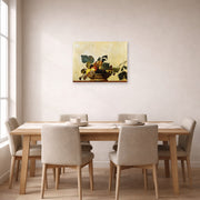 Unframed poster print of Caravaggio's 'Basket of Fruit' displayed on a wall in a dining room