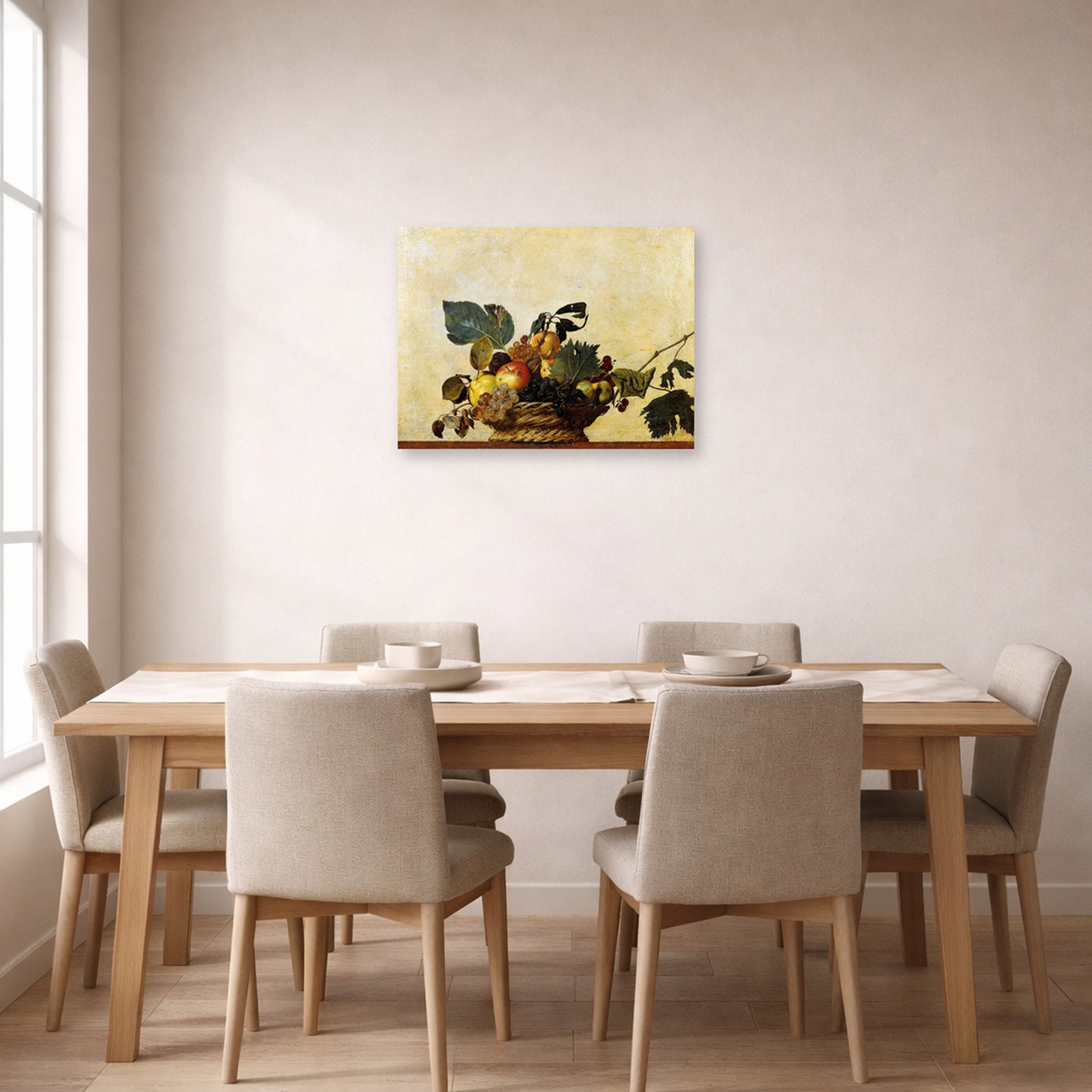 Unframed poster print of Caravaggio's 'Basket of Fruit' displayed on a wall in a dining room