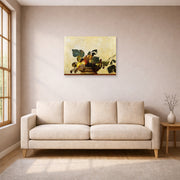 Unframed poster print of Caravaggio's 'Basket of Fruit' displayed on a wall in a living room