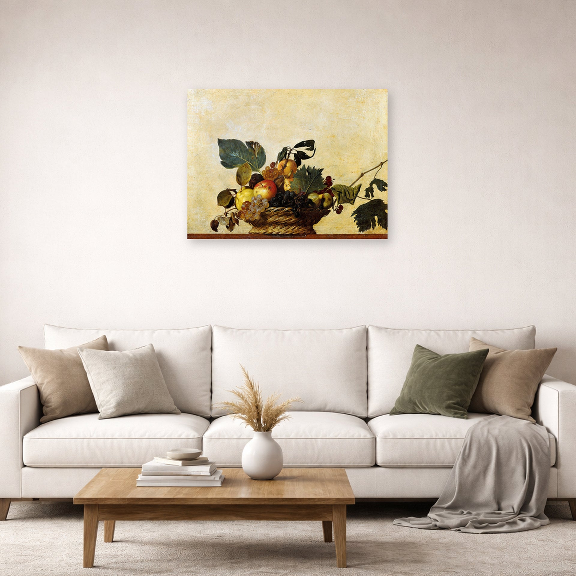 Unframed poster print of Caravaggio's 'Basket of Fruit' displayed on a wall in a living room