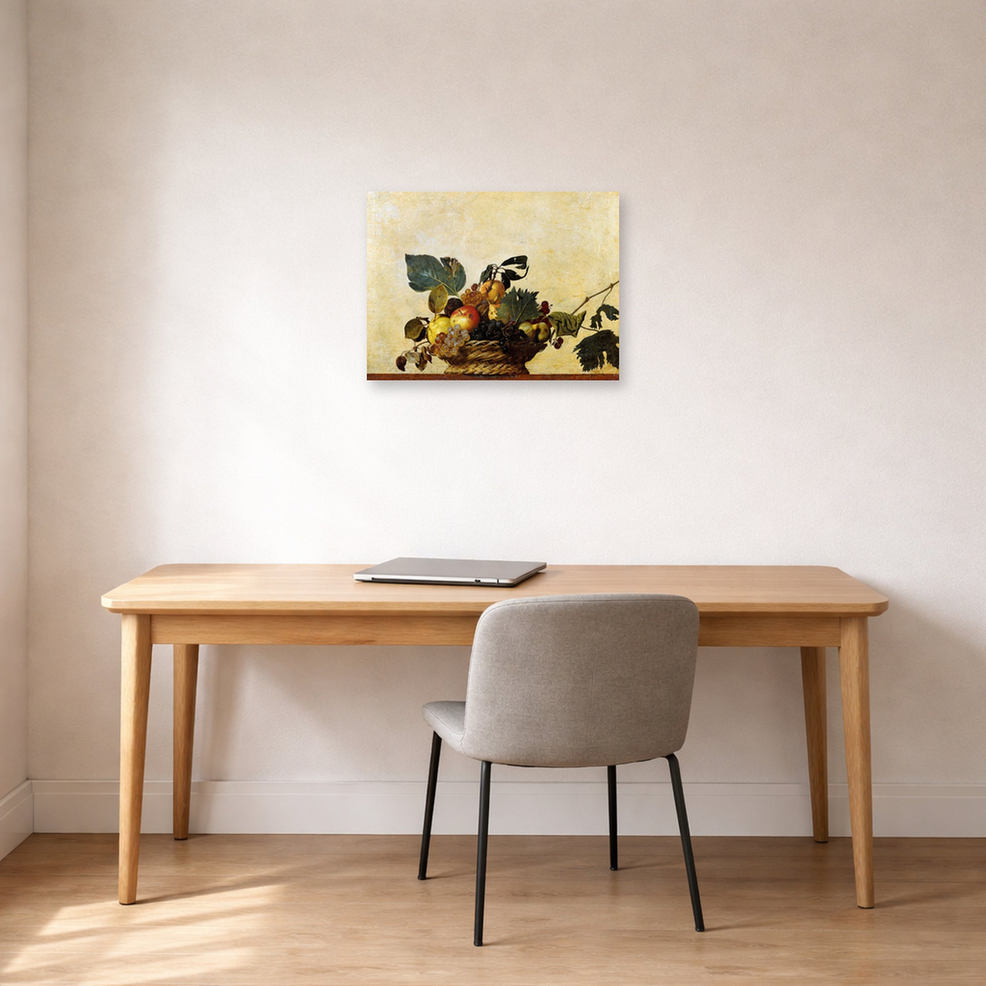 Unframed poster print of Caravaggio's 'Basket of Fruit' displayed on a wall in an office