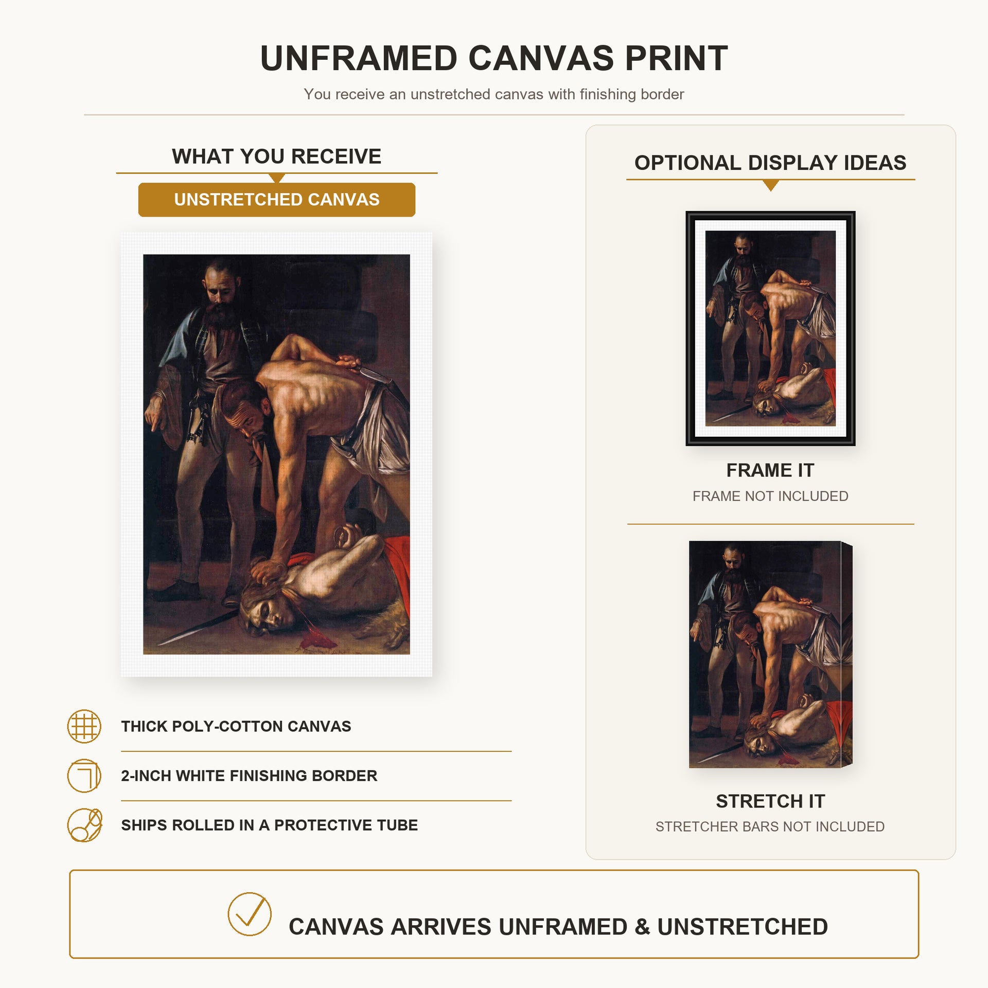 Caravaggio - Beheading of Saint John the Baptist canvas print size comparison and framing display infographic