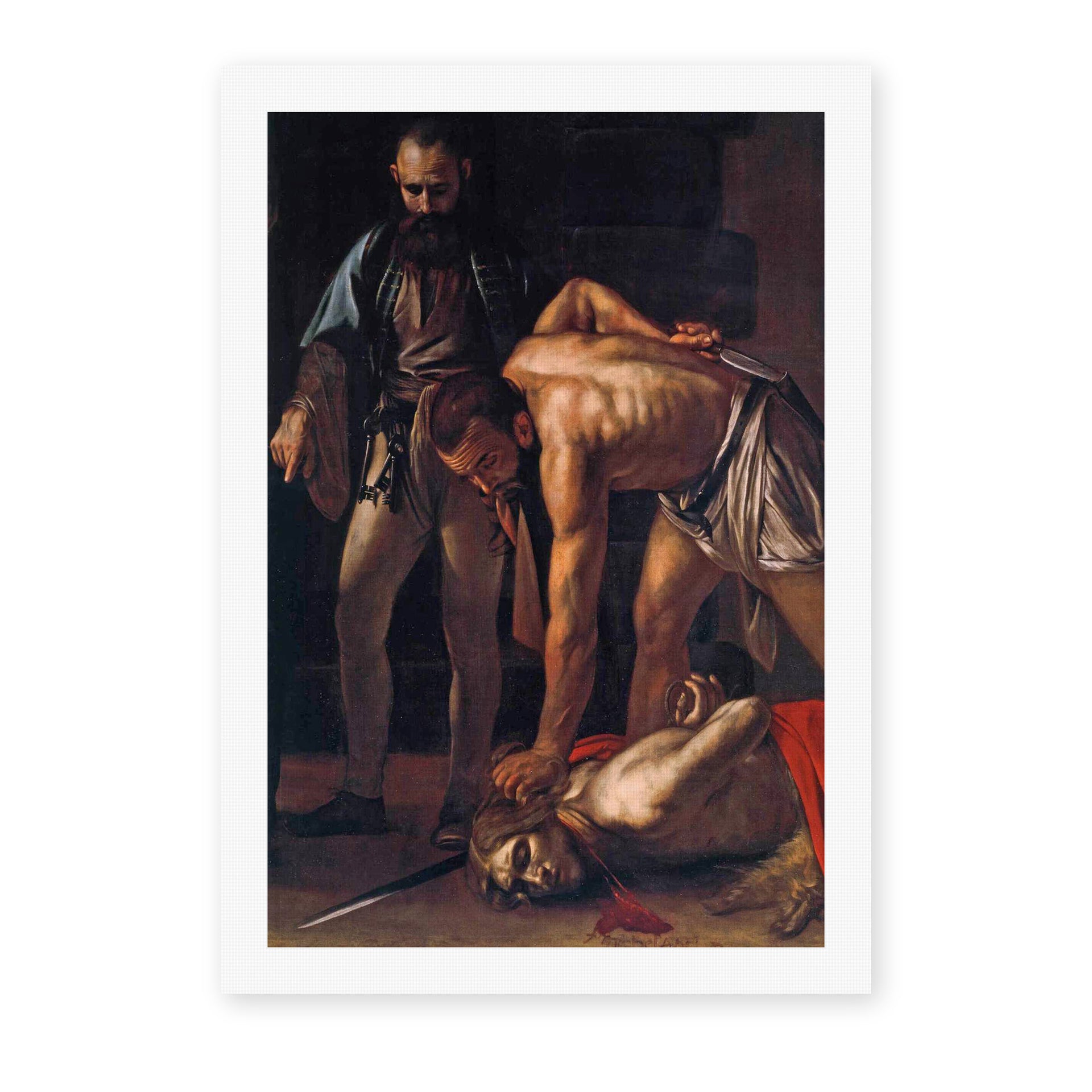 Caravaggio's 'Beheading of Saint John the Baptist' painting reproduced as a rolled canvas print, Caravaggio's only signed painting, finished in Malta in 1608