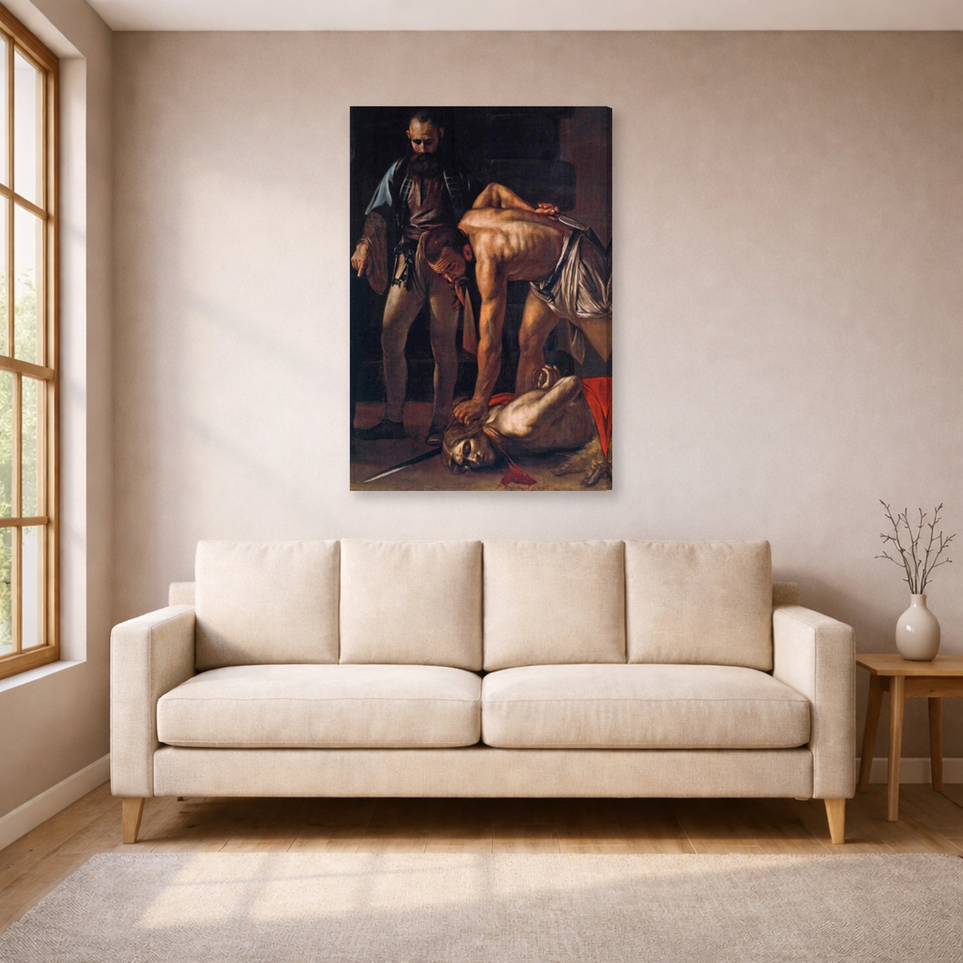 Gallery-wrapped canvas print of Caravaggio's 'Beheading of Saint John the Baptist' displayed on a wall in a living room