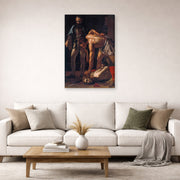 Gallery-wrapped canvas print of Caravaggio's 'Beheading of Saint John the Baptist' displayed on a wall in a living room