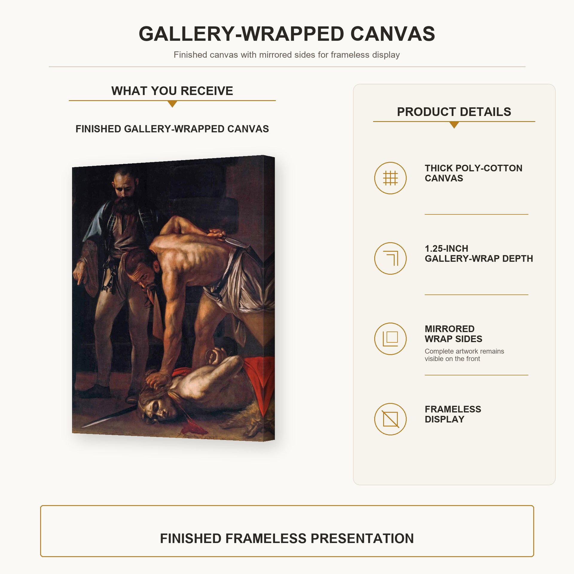 Caravaggio - Beheading of Saint John the Baptist gallery wrap canvas construction and hanging details infographic